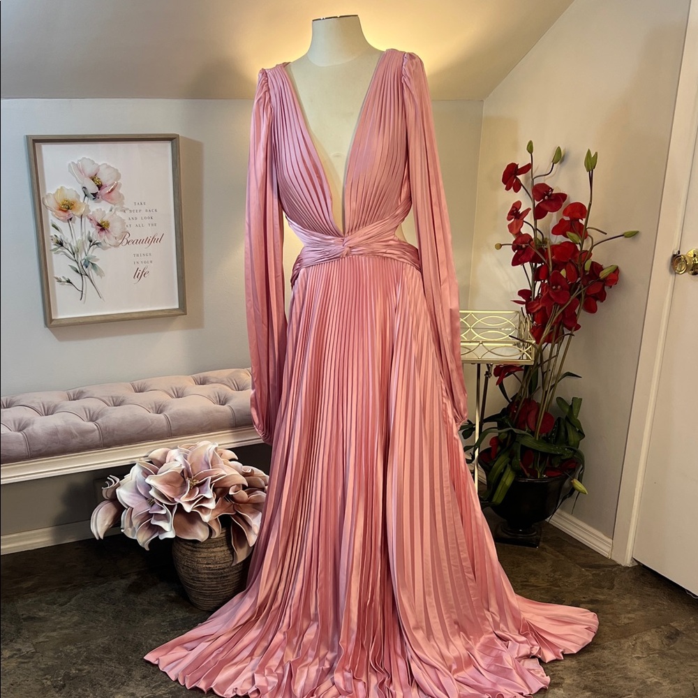 IEENA for Mac Duggal Charmeuse Pleated Cut-Out Long Sleeve Maxi Gown Size 16